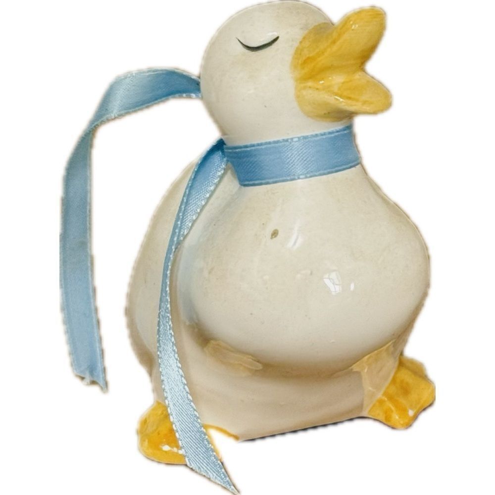 White and Yellow Ceramic‎ Duck Figurine with Blue Ribbon
